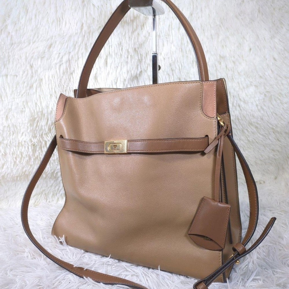 Tory Burch Tan Shoulder Bag with Structured Design and Gold Hardware